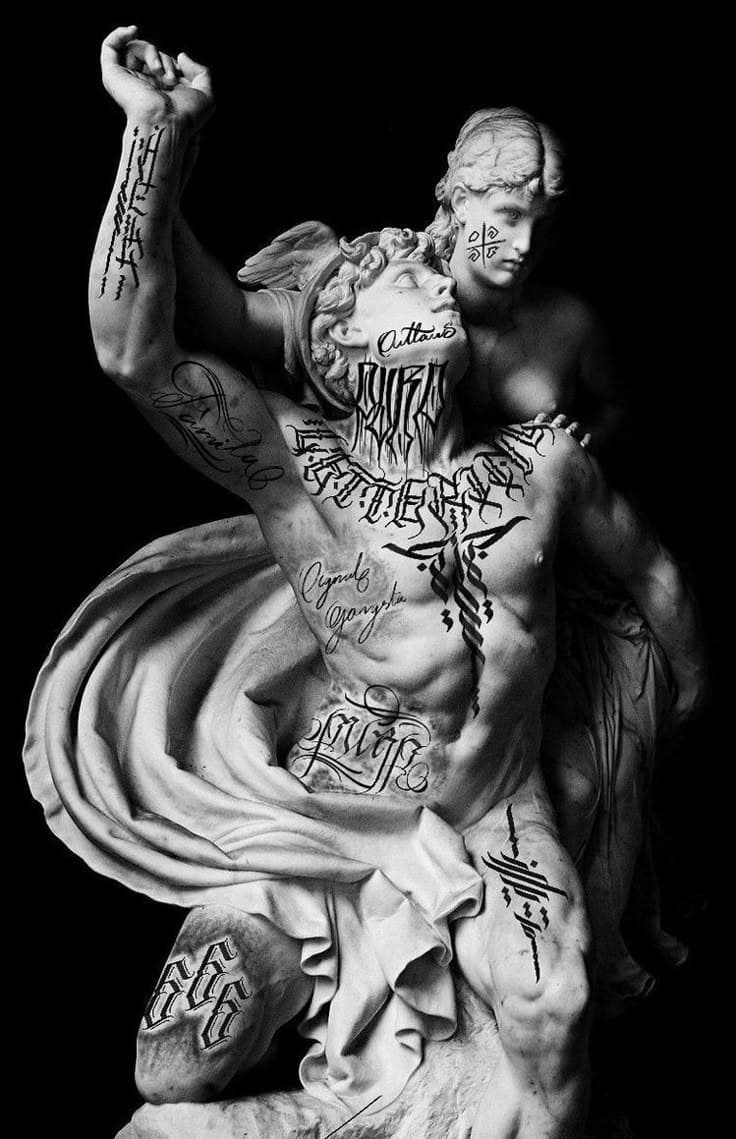 Classical marble sculpture covered in calligraphy tattoos, the LUX INK brand artwork